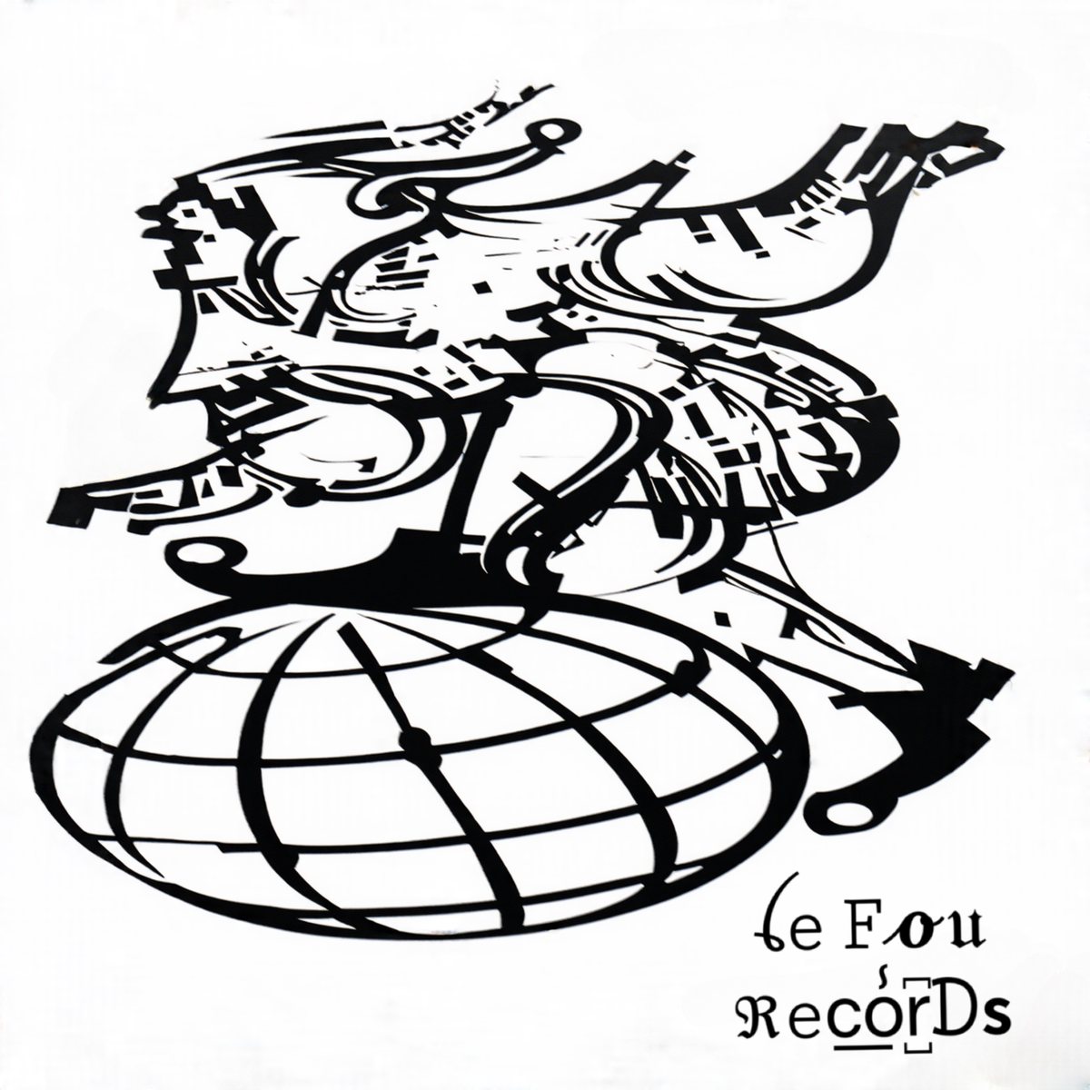 Composição gráfica em preto e branco, com um globo e a inscrição Le Fou Records.