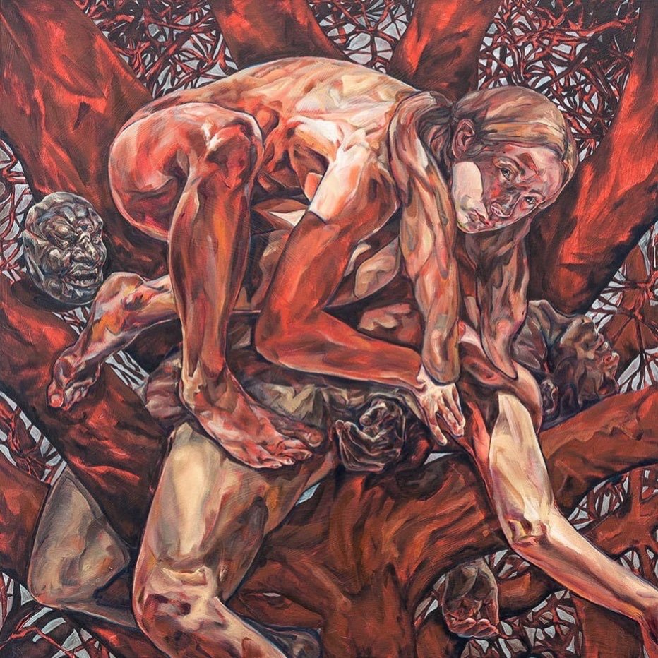 Pintura figurativa em tons de vermelho, com figuras humanas sobrepostas.